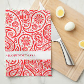 エレガント赤と白ヴィンテージペイズリーパターン キッチンタオル (四つ折り)