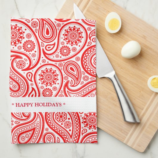 エレガント赤と白ヴィンテージペイズリーパターン キッチンタオル (四つ折り)