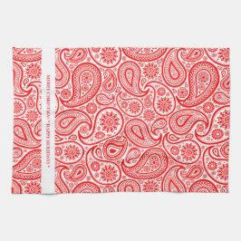 エレガント赤と白ヴィンテージペイズリーパターン キッチンタオル