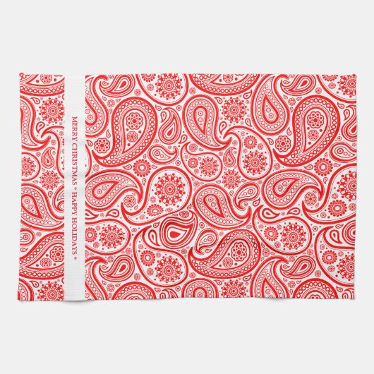 エレガント赤と白ヴィンテージペイズリーパターン キッチンタオル (横)