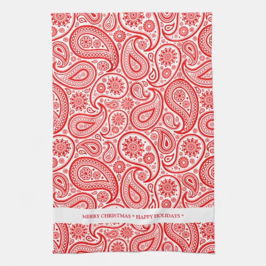エレガント赤と白ヴィンテージペイズリーパターン キッチンタオル (縦)