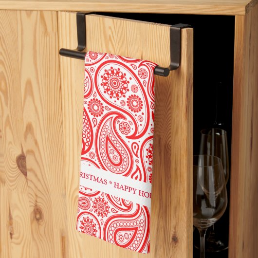 エレガント赤と白ヴィンテージペイズリーパターン キッチンタオル (三つ折り)