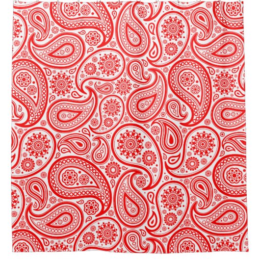 エレガント赤と白ヴィンテージペイズリーパターン シャワーカーテン (正面)