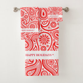 エレガント赤と白ヴィンテージペイズリーパターン バスタオルセット