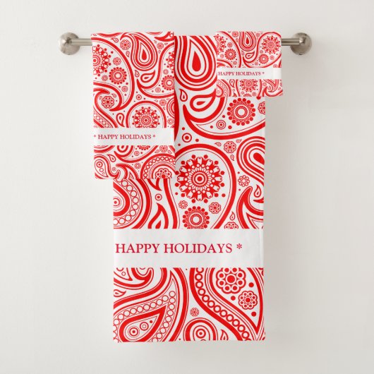 エレガント赤と白ヴィンテージペイズリーパターン バスタオルセット (インサイチュ)