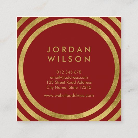 エレガント赤フェイク金ゴールド丸み線ジオメトリ スクエア名刺 (裏面)