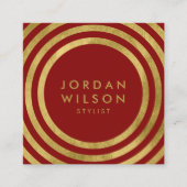 エレガント赤フェイク金ゴールド丸み線ジオメトリ スクエア名刺 (正面)