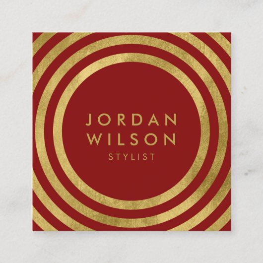 エレガント赤フェイク金ゴールド丸み線ジオメトリ スクエア名刺 (正面)