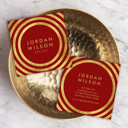 エレガント赤フェイク金ゴールド丸み線ジオメトリ スクエア名刺