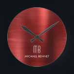 エレガント赤ブモノグラムのラシ仕上げメタリック ラウンド壁時計<br><div class="desc">パーソナライズされたエレガントモノグラムの丸い時計</div>