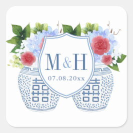 エレガント赤白青結婚モノグラム スクエアシール