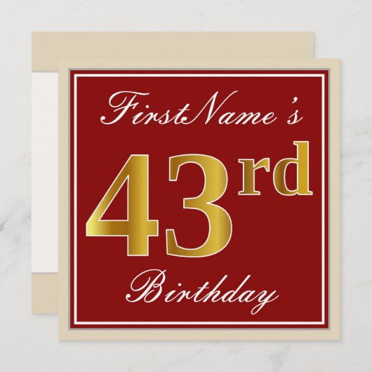 エレガント赤金ゴールド43誕生日名前をカスタムする 招待状 (正面/裏面)