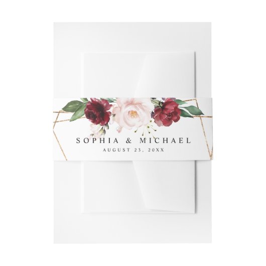 エレガント赤面およびワインフローラ金ゴールド幾何学形状 招待状ベリーバンド (正面例)