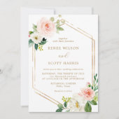 エレガント赤面と金ゴールド水色フローラ結婚ズ 招待状 (正面)