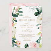 エレガント赤面と金ゴールド水色フローラ結婚ズ 招待状 (正面/裏面)