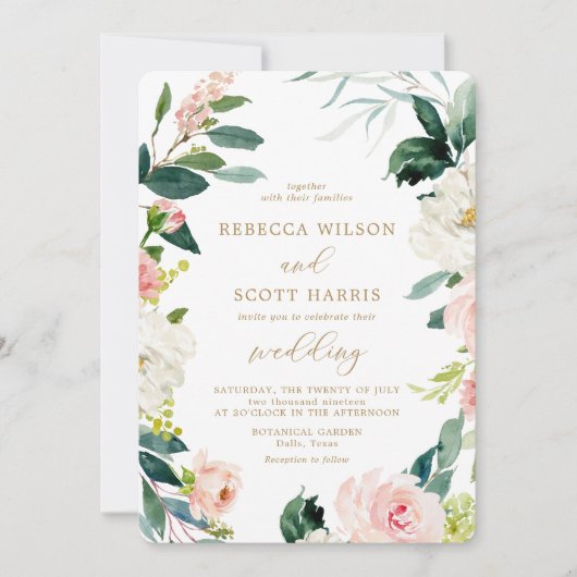 エレガント赤面と金ゴールド水色フローラ結婚ズ 招待状 (正面)