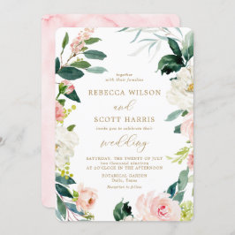 エレガント赤面と金ゴールド水色フローラ結婚ズ 招待状