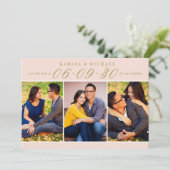 エレガント赤面と金ゴールド結婚の写真コラージュ セーブザデート (スタンド正面)