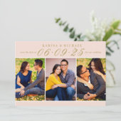 エレガント赤面と金ゴールド結婚の写真コラージュ セーブザデート (スタンド正面)