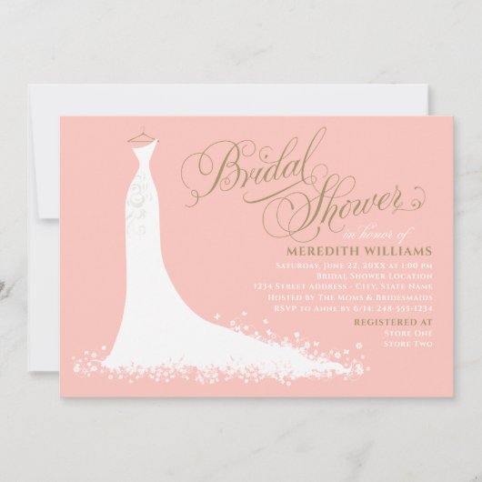 エレガント赤面と金ゴールド結婚ズガウンブライダルシャワー 招待状 (正面)