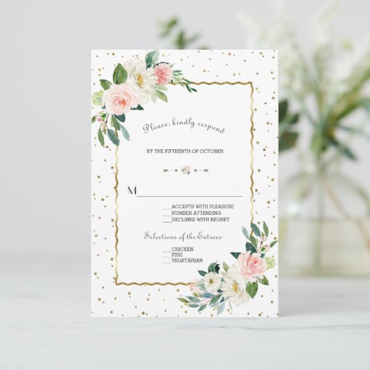 エレガント赤面クリームフラワーズ金ゴールド結婚グリッター 出欠カード (スタンド正面)