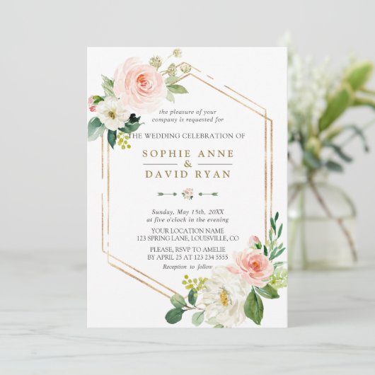 エレガント赤面クリーム幾何結婚フレーム 招待状 (スタンド正面)