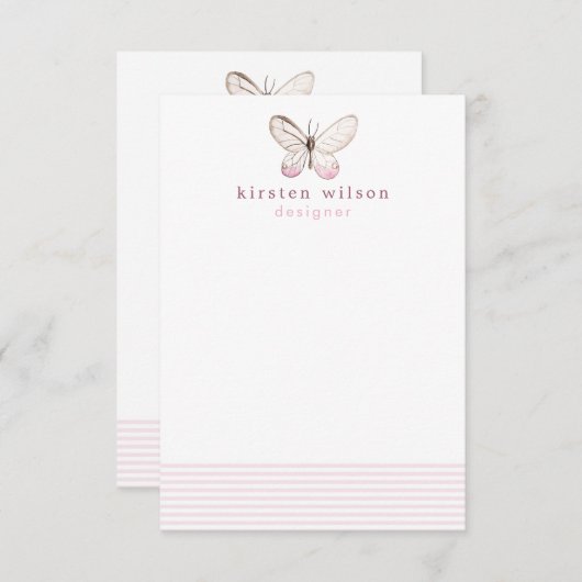 エレガント赤面ストライプと蝶 – パーソナライズされた ノートカード (正面/裏面)