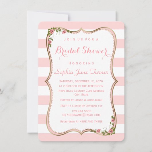 エレガント赤面ストライプ金ゴールドフローラブライダルシャワー 招待状 (正面)