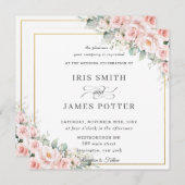 エレガント赤面ソフトピンクフローラ結婚金ゴールドズスクエア 招待状 (正面/裏面)