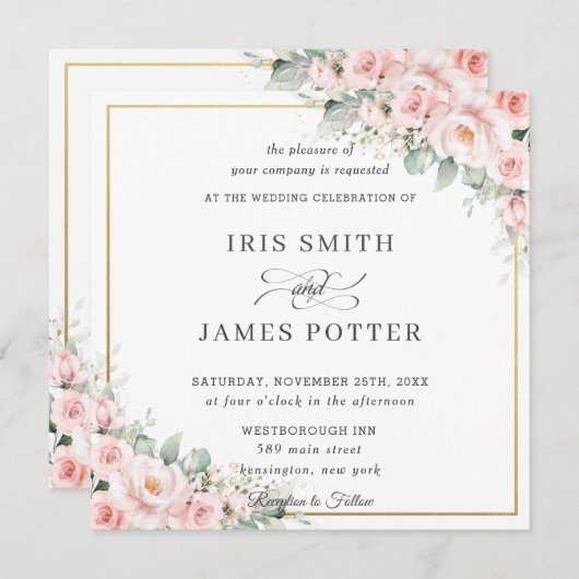 エレガント赤面ソフトピンクフローラ結婚金ゴールドズスクエア 招待状 (正面/裏面)
