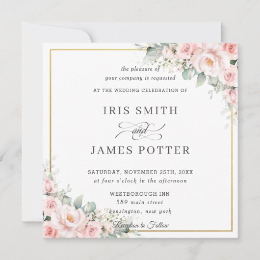 エレガント赤面ソフトピンクフローラ結婚金ゴールドズスクエア 招待状 (正面)