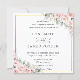 エレガント赤面ソフトピンクフローラ結婚金ゴールドズスクエア 招待状