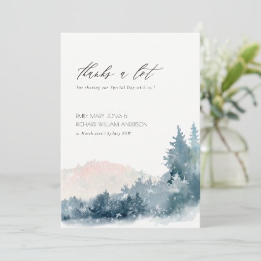 エレガント赤面ダスキーブルーマウンテンズパイン結婚ズ サンキューカード (スタンド正面)
