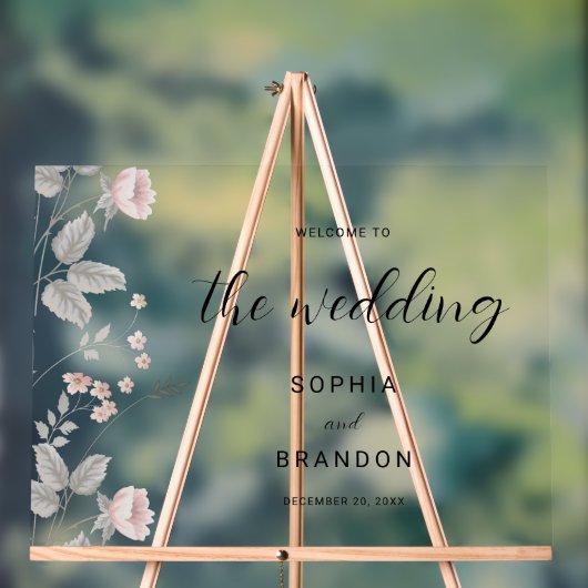 エレガント赤面ダークグレイフローラ結婚ズ・ウェルカム アクリルサイン (ニュートラル)