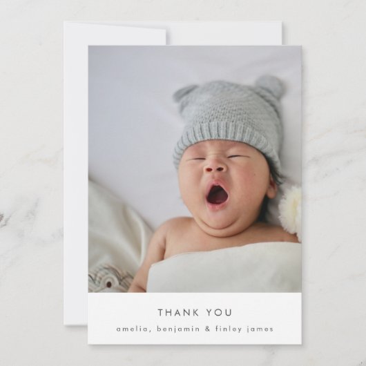 エレガント赤面テクスミニマルシンプルベビー写真 サンキューカード (正面)