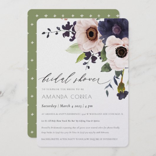 エレガント赤面ネイビーアネモンフローラブライダルシャワー 招待状 (正面/裏面)