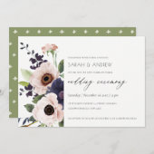 エレガント赤面ネイビーアネモンフローラ結婚式の招待 サンキューカード (正面/裏面)