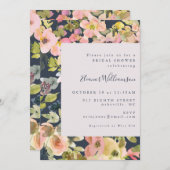 エレガント赤面ネイビーウォーター色フローラブライダルシャワー 招待状 (正面/裏面)
