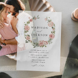 エレガント赤面バラと緑のリース結婚ズ ベラム紙招待状