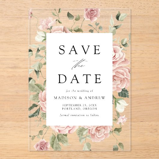 エレガント赤面バラ庭園の結婚式日付の保存 アクリル招待状 (正面)