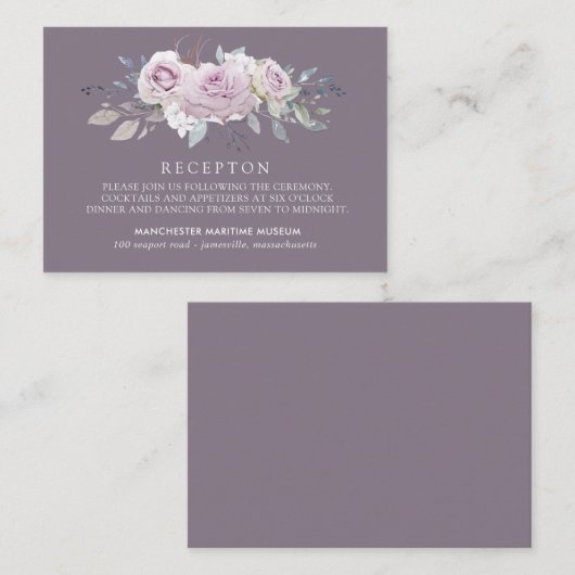 エレガント赤面パープルフローラウェディングレセプション エンクロージャーカード (正面/裏面)