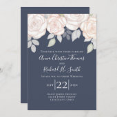 エレガント赤面ピシンプルンクフローラネイビーブルーブロージズ 招待状 (正面/裏面)