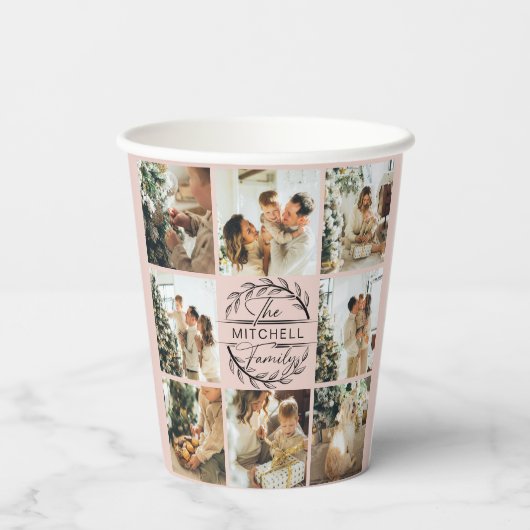 エレガント赤面ピシンプルンク家族フォトコラージュ 紙コップ (裏面)