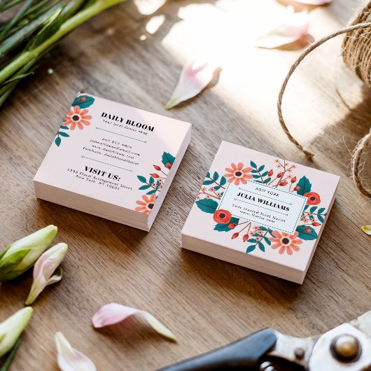 エレガント赤面ピンクかわいいフローラボホフラワーブーケ スクエア名刺