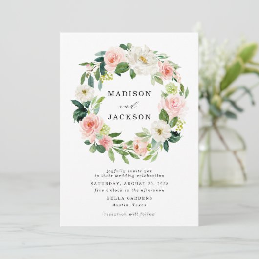 エレガント赤面ピンクとホワイトフローラリース結婚ズ 招待状 (スタンド正面)