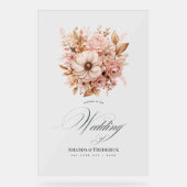 エレガント赤面ピンクと金ゴールドフローラの結婚歓迎 アクリルサイン (正面)