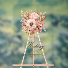 エレガント赤面ピンクと金ゴールドフローラの結婚歓迎 アクリルサイン