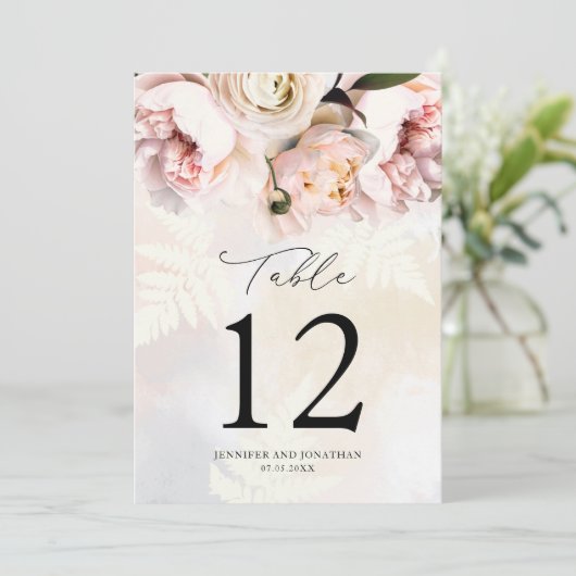 エレガント赤面ピンクのフローラのテー結婚ブル番号 招待状 (スタンド正面)