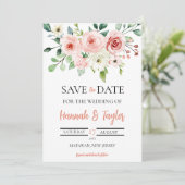 エレガント赤面ピンクのフローラは日付を保結婚存 招待状 (スタンド正面)