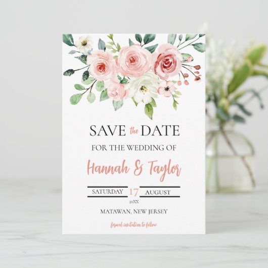 エレガント赤面ピンクのフローラは日付を保結婚存 招待状 (スタンド正面)